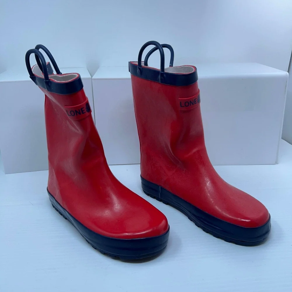Lone Cone Kids Size 3 Red Navy Blue Waterproof Rubber Pull On Rain Boots New
